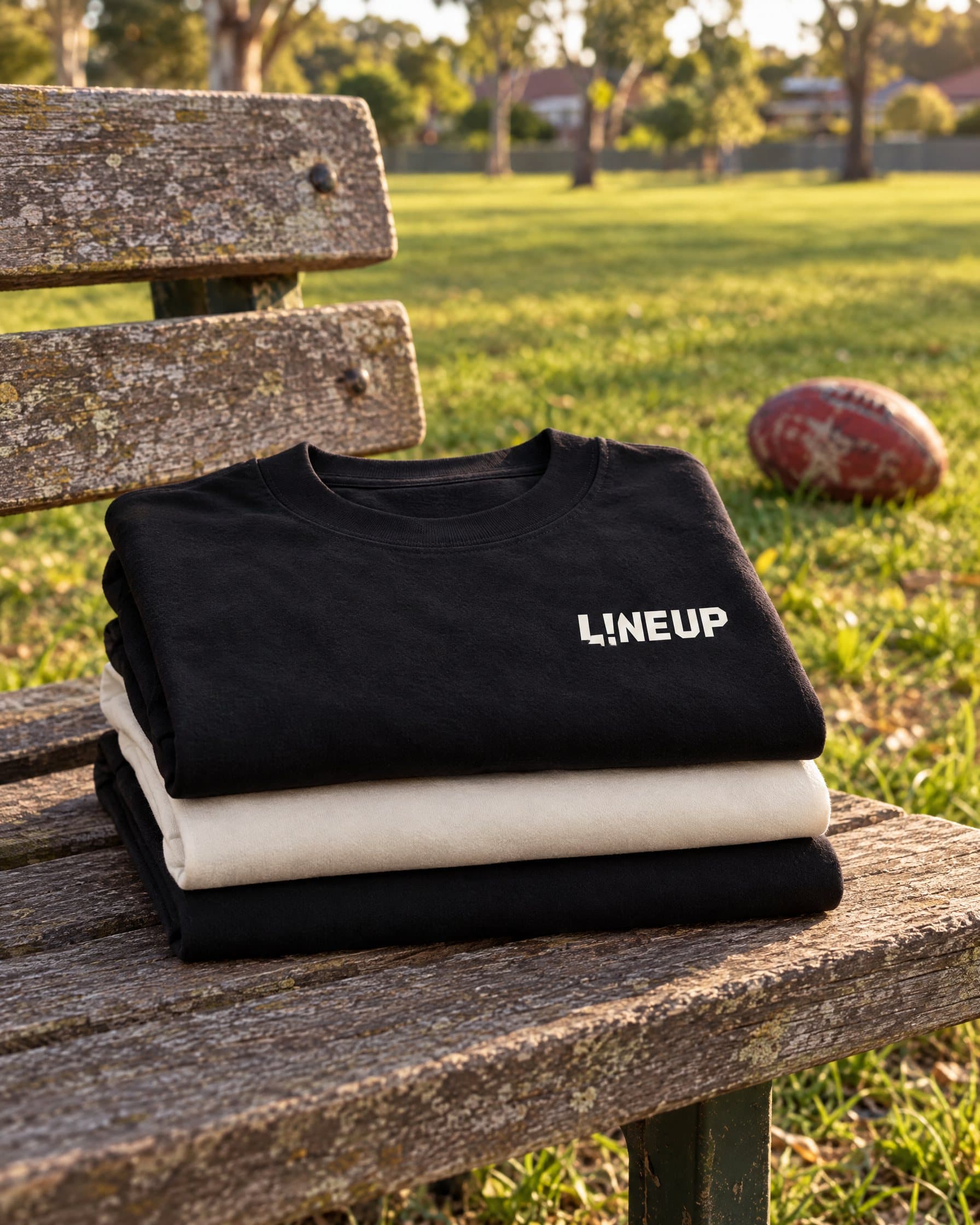 Folded ink and bone LINEUP tees on a park bench in afternoon light